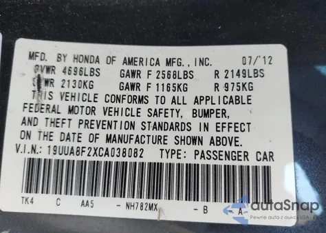 2012 Acura Tl 3.5 z USA, uszkodzony, nr VIN 19UUA8F2XCA038082